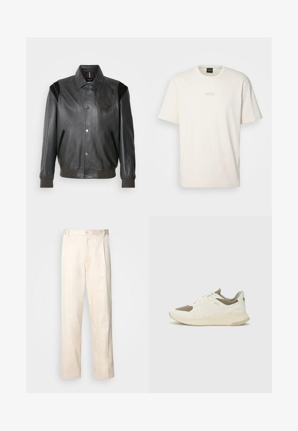 Casaco de couro preto com uma textura suave, fecho de botão de pressão, bolsos laterais, punhos e bainha com efeito canelado, e um detalhe em patch no peito.; BOSS TEE - T-shirt básica - open white; Calças de algodão bege com corte reto, apresentando um fecho de botão e pregas na frente para um detalhe adicional.; Sapatilha atlética branca e bege claro, com parte superior em malha, detalhes perfurados e uma entressola texturizada com marcação no calcanhar.