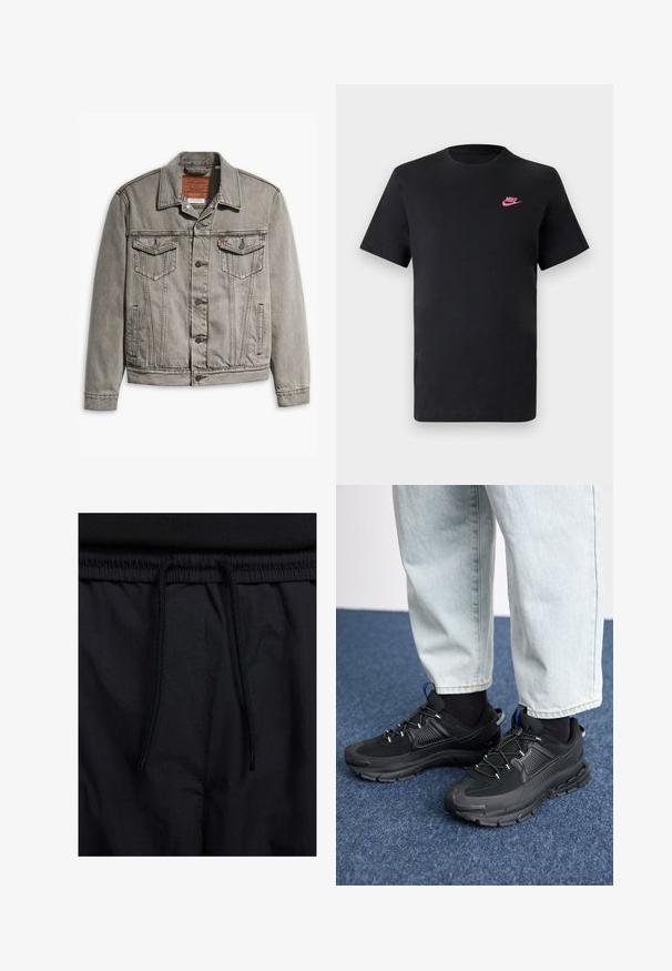Gray denim jacket featuring a pointed collar, three front pockets, button closure, and contrasting stitching on sleeves and body.; Black cotton t-shirt with a round neckline and short sleeves. Features a pink Nike logo on the upper left side. Smooth texture.; Black shorts featuring a drawstring waistband, lightweight fabric with a smooth texture, and a simple design without visible logos or patterns.; Black athletic shoes with textured fabric and rubber soles, featuring elastic laces and a blue accent on the heel. Worn with light denim pants.