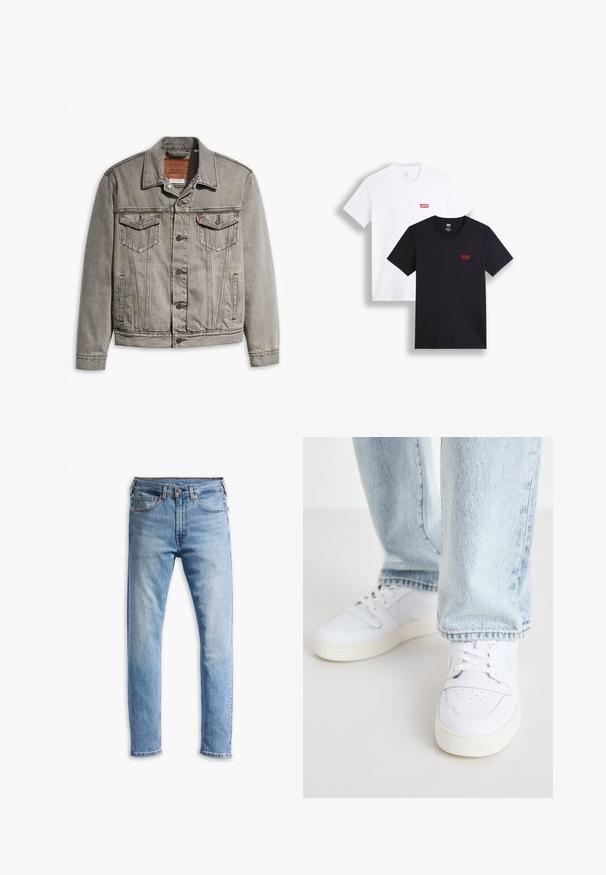 Jaqueta de denim cinza com colarinho pontudo, três bolsos frontais, fecho com botão e costura contrastante nas mangas e no corpo.; Duas t-shirts de mangas curtas: uma branca e uma preta. Ambas feitas de algodão com um logótipo vermelho da Levi's no peito. Design simples de gola redonda.; Jeans de denim azul claro com um corte straight, cinco bolsos, fecho de botão e um desbotamento sutil por toda a peça.; Sneakers brancos de couro de cano baixo com biqueira perfurada, atacadores planos e design minimalista. Combinados com jeans de ganga de cor azul clara.