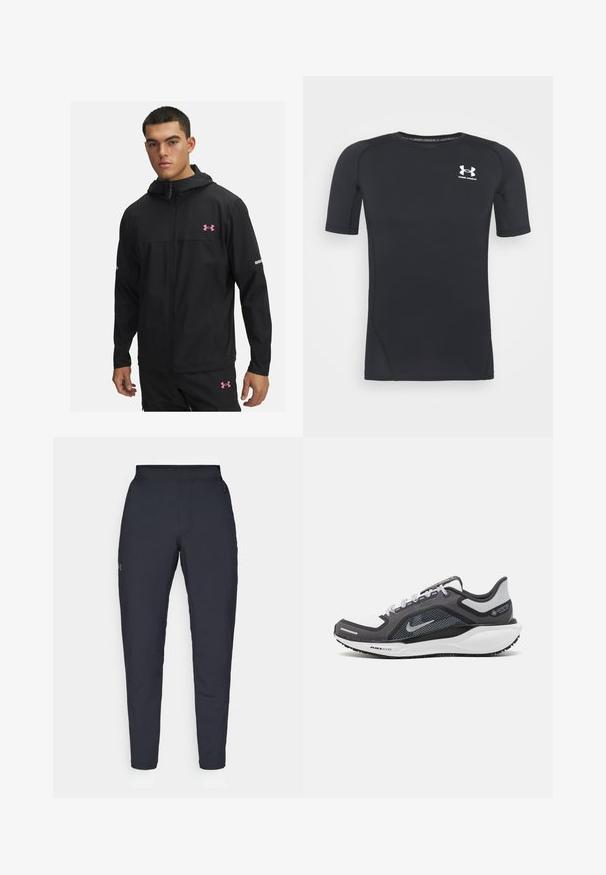 Čierna ľahká bunda s kapucňou a ružovým logom, predným zipsom, dvoma bočnými vreckami a reflexnými akcentmi na rukávoch.; Čierne športové tričko s krátkym rukávom z látky, ktorá odvádza vlhkosť a je elastická. Má okrúhly výstrih a malú bielu nášivku na hrudi.; Čierne športové nohavice s hladkým povrchom, priliehavým strihom, elastickým pásom a bočnými vreckami. Obsahujú malé logo na ľavom stehne.; Čierna a sivá športová obuv s vrchnou časťou z priedušného materiálu, reflexné akcenty a biely medzipodrážka. Obsahuje štruktúrovanú gumovú podrážku a šnúrky.