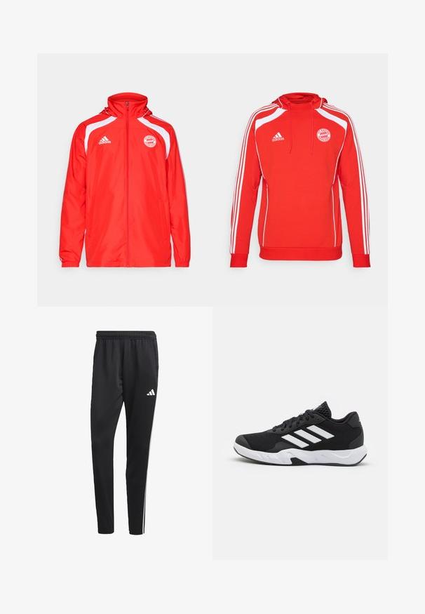 adidas Performance FC BAYERN MUNICH URBAN PURIST WINDBREAKER - Tréningová bunda - red/white; Červená mikina s kapucňou a bielymi akcentmi, troch bielych pruhov pozdĺž rukávov. Obsahuje logo FC Bayern München a šnúrku na kapucni.; Červené bavlnené tričko s bielym logom s tromi pruhmi a textom "BAYERN MÜNCHEN" v modrej farbe. Okrúhly výstrih a krátke rukávy, jednoduchý dizajn.; Čierne športové nohavice s elastickým pásom, bielymi bočnými pruhmi a malým bielym logom na stehne. Vyrobené z hladkého, ľahkého materiálu.; Čierne športové topánky s textúrovaným sieťovinovým zvrškom, bielymi akcentovými pruhmi, polstrovanou podrážkou a spevneným pätou pre podporu.