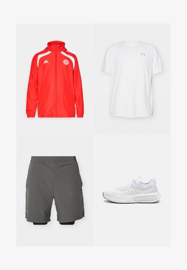 adidas Performance FC BAYERN MUNICH URBAN PURIST WINDBREAKER - Training jacket - red/white; White short-sleeve athletic shirt made of smooth fabric. Features a crew neck and gray logo on the left chest, with side slits at the hem.; Gray athletic shorts with a smooth, lightweight fabric and an elastic waistband, featuring inner compression shorts and side pockets.; White athletic shoe with a textured knit upper, lace-up closure, cushioned sole, and a distinctive branding detail on the side.