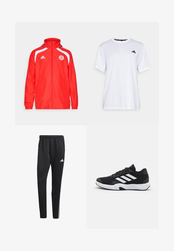 adidas Performance FC BAYERN MUNICH URBAN PURIST WINDBREAKER - Trainingsvest - red/white; Witte sport T-shirt met korte mouwen, gemaakt van vochtafvoerende stof. Heeft een zwart logo op de linkerkant van de borst en een gemusterde binnenhals.; Zwarte sportbroek met een rekbare tailleband, witte zijkanten en een klein wit logo op de dij. Gemaakt van een soepele, lichte stof.; Zwarte sportieve schoenen met een geperforeerde mesh bovenkant, witte accentstrepen, een gevoerde zool en een versterkte hiel voor extra ondersteuning.