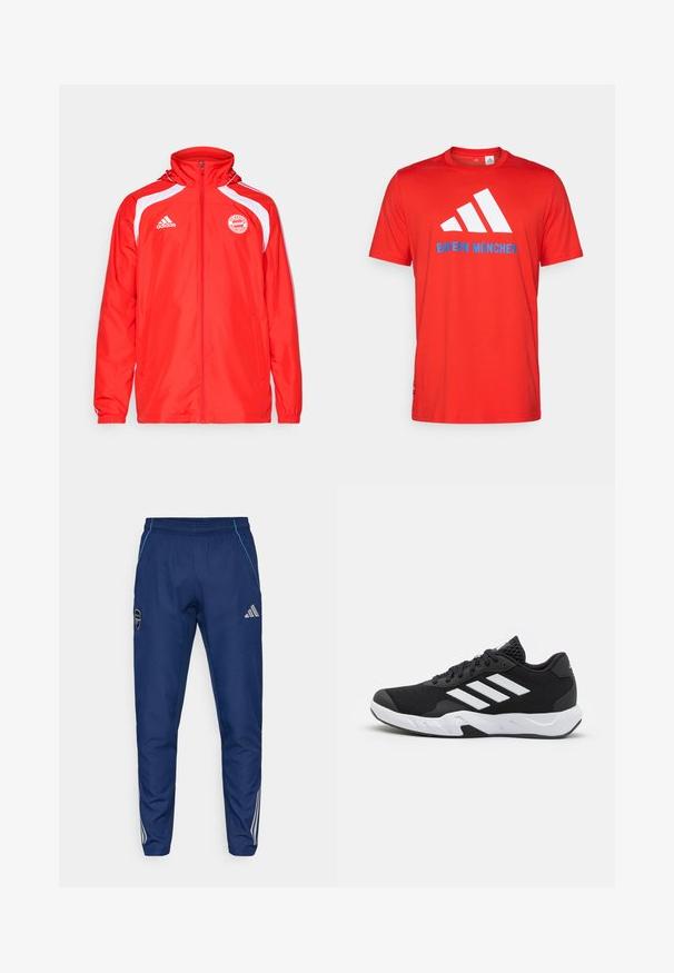 adidas Performance FC BAYERN MUNICH URBAN PURIST WINDBREAKER - Tréningová bunda - red/white; Červené bavlnené tričko s bielym logom s tromi pruhmi a textom "BAYERN MÜNCHEN" v modrej farbe. Okrúhly výstrih a krátke rukávy, jednoduchý dizajn.; Námořnické jogger nohavice vyrobené z lehkého materiálu, s modrým akcentem, logem a třemi bílými pruhy podél dolní části nohavic.; Čierne športové topánky s textúrovaným sieťovinovým zvrškom, bielymi akcentovými pruhmi, polstrovanou podrážkou a spevneným pätou pre podporu.