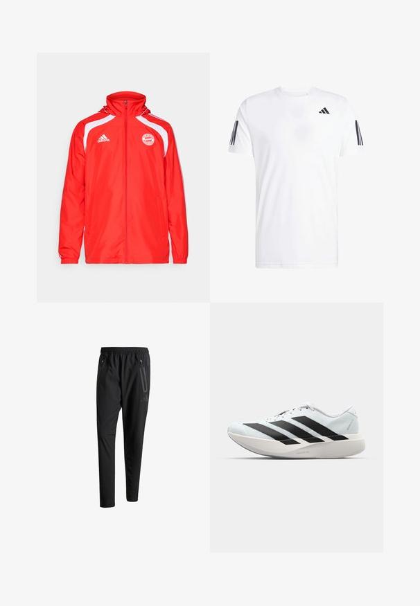 adidas Performance FC BAYERN MUNICH URBAN PURIST WINDBREAKER - Tréningová bunda - red/white; Biela tričko vyrobené z látky, s krátkymi rukávmi, okrúhlym výstrihom a tromi čiernymi diagonálnymi pruhmi na každom rukáve. Jemné logo na hrudi.; Čierne športové nohavice s elastickým pásom, dvoma bočnými zipsovými vreckami, zužujúcimi sa nohavicami a nenápadným detailom loga na bokoch.; Ľahké bežecké topánky v svetlomodrej farbe s čiernymi pruhmi. Majú hladký zvršok, okrúle špičky a hrubú bielu medzipodrážku označenú "LIGHTSTRIKE PRO."