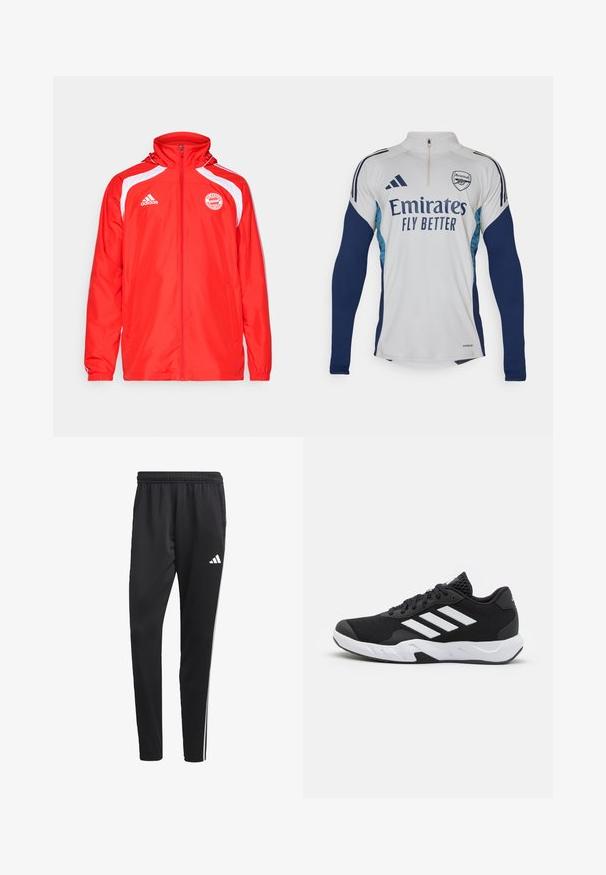 adidas Performance FC BAYERN MUNICH URBAN PURIST WINDBREAKER - Sportovní bunda - red/white; Bílý dlouhý rukáv dres s námořnickými modrými akcenty, polo-zip výstřih, se štítkem "Emirates Fly Better" a znakem klubu Arsenal.; Černé sportovní kalhoty s elastickým pasem, bílými bočními pruhy a malým bílým logem na stehně. Vyrobené z hladkého, lehkého materiálu.; Černé sportovní boty s texturovaným síťovaným svrškem, bílými akcentními pruhy, polstrovanou podrážkou a vyztuženým patem pro podporu.