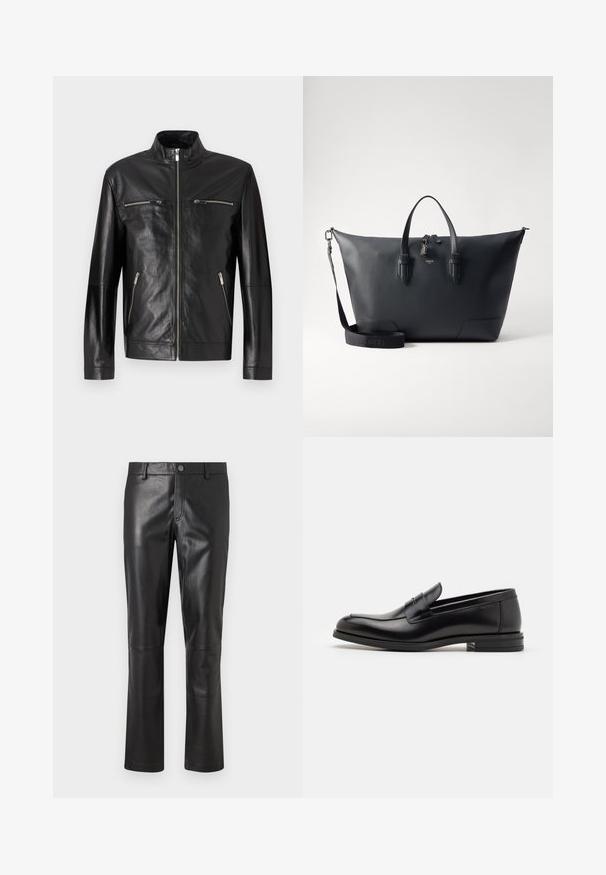 Black leather jacket with a high collar, front zipper, and two zippered chest pockets. Smooth texture with minimal stitching details.; White long-sleeve thermal top with a ribbed texture, crew neck, and banded cuffs. Clean design with no patterns or additional accents.; Black leather pants with a smooth texture, straight-leg design, and subtle stitching along the seams. Features a button closure at the waist.; Black leather loafers with a smooth texture, rounded toe, and a decorative strap across the vamp. Low stacked heel, minimalist design.; Lancel CHARLIE UNISEX - Briefcase - black