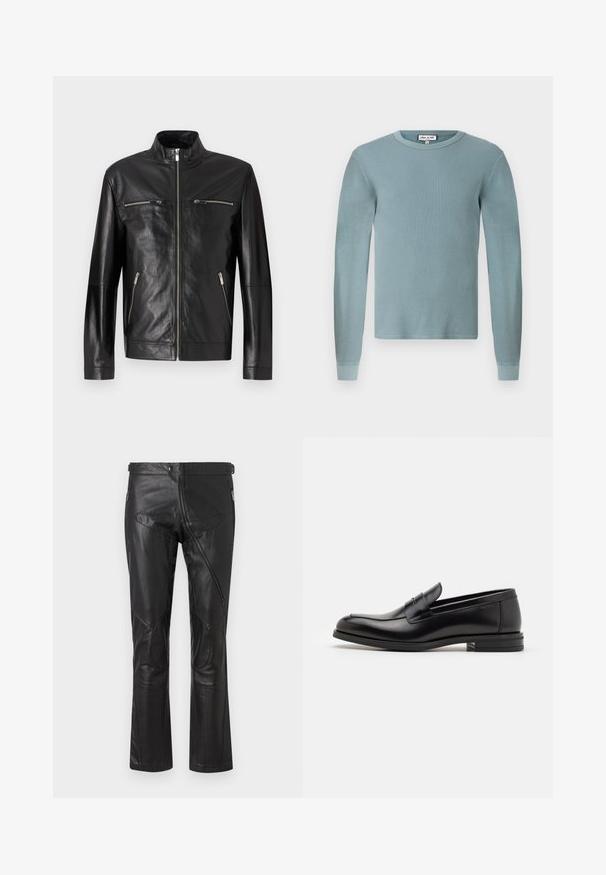 Black leather jacket with a high collar, front zipper, and two zippered chest pockets. Smooth texture with minimal stitching details.; Light blue long-sleeve shirt with a ribbed texture and a round neckline. Features fitted cuffs and a simple branded label on the collar.; Black leather pants with a straight-leg design, featuring zippered pockets, knee patches, and adjustable waist details. Smooth texture.; Black leather loafers with a smooth texture, rounded toe, and a decorative strap across the vamp. Low stacked heel, minimalist design.