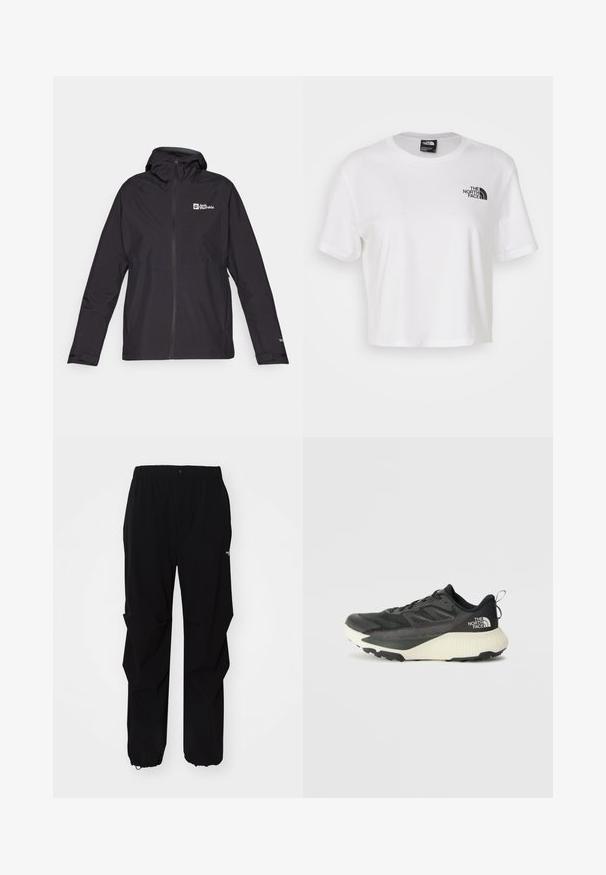 Fekete vízálló dzseki kapucnival, zipzárral és logóval a bal felső részen. Hosszú ujjú, rugalmas mandzsettákkal a megfelelő illeszkedés érdekében.; Fehér, pamutból készült, rövid ujjú, kerek nyakú cropped póló. A bal mellen fekete logó található.; Fekete kültéri nadrág, tartós anyagból készült, laza fitnesz, rugalmas derékpánttal és állítható hosszúságú, behúzható szárakkal rendelkezik.; Fekete sportcipő, texturált felsőrésszel, szürke kiegészítőkkel és fehér középtalppal. Húzófüllel és kiemelkedő márkalandírral a sarkán.