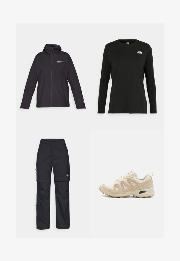 Black waterproof jacket with a hood, zip closure, and logo on the upper left. Features long sleeves and elastic cuffs for fit.; Black long-sleeve t-shirt made of cotton with a round neck. Features a small white logo on the left chest area. Simple design and fit.; Black nylon zip-off cargo trousers with adjustable cuffs, multiple pockets, and a logo on the right leg. Smooth, lightweight texture.; Beige and cream athletic shoe with textured mesh upper, supportive overlays, and rubber outsole featuring a tread pattern for traction.