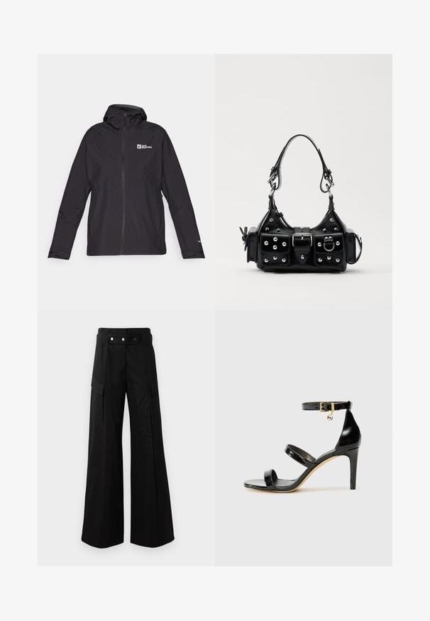 Chaqueta negra impermeable con capucha, cierre de cremallera y logo en la parte superior izquierda. Cuenta con mangas largas y puños elásticos para un buen ajuste.; Blusa negra transparente con mangas largas de campana, escote profundo en V y detalle de lazo en el frente. Presenta un dobladillo fluido y estratificado con una sutil textura.; Pantalones anchos negros de cintura alta, con grandes bolsillos laterales, dos botones frontales y un detalle de lazo. Hechos de un tejido resistente.; Sandalia de charol negro con tres correas, hebilla en el tobillo y tacón de aguja de 10 cm. Presenta detalles de hardware en oro y un charm con el logo.; Bolso de mano de cuero negro con un diseño curvado, que cuenta con tachuelas plateadas, una hebilla y dos bolsillos laterales. Correa ajustable para opciones de transporte.