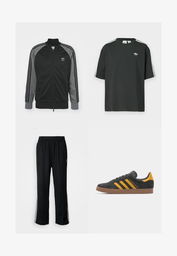 adidas Originals Bomberjakke - black/grey four; Sort bomulds-T-shirt med korte ærmer, rund hals og hvide tre-stribede detaljer på skuldrene. Har et lille hvidt logo på brystet.; Sorte træningsbukser med elastisk talje, der har hvide sidestænger og et lille logo. Materialet ser blødt og let ud.; Sort suedet sneaker med gule accenter, der har tre striber og en brun gummisål. Inkluderer en polstret tunge for komfort.