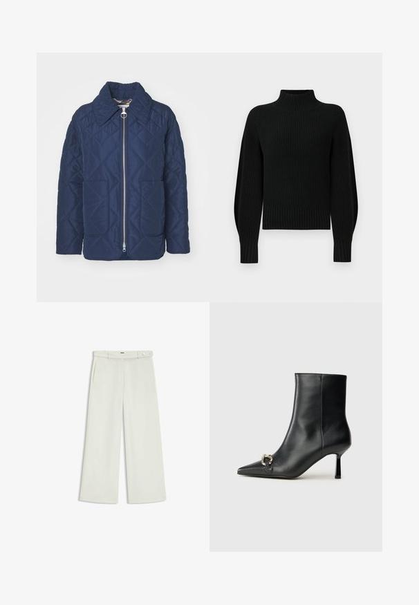 Navy blue quilted jacket with large collar, front zipper, and two patch pockets. Smooth texture with diamond pattern.; Black knit sweater with a high collar, ribbed texture, and raglan sleeves. The body is slightly cropped with a thick ribbed hem.; Wide-leg pants in light cream fabric, featuring side pockets, a flat front, and a single button closure at the waist. Smooth texture.; Black leather ankle boot with pointed toe, slim mid-height heel, and silver buckle detail on side against plain background.