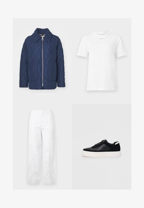 Jacheta captusita de culoare bleumarin, cu guler mare, fermoar frontal si doua buzunare aplicate. Textura neteda cu model în diamant.; Tricou alb din bumbac cu guler rotund, mâneci scurte și un mic logo negru "Calvin Klein" pe piept. Design simplu, fără modele.; Pantaloni albi cu croială largă, fabricați dintr-un material ușor, având o textură netedă, linii curate și un design cu talie înaltă.; Sneaker negru cu piele netedă și panouri din întăritură, șireturi plate, vârf rotund și talpă din cauciuc alb. Logo distinct pe călcâi.