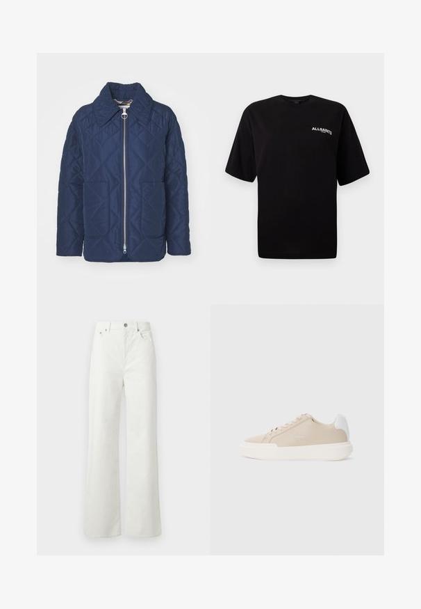 Tumesinine tikandiga jakk suure kraega, ees lukuga ja kahe lapi taskuga. Sile tekstuur, millel on teemantmuster.; Mustaline musta puuvillane T-särk, ümar kaelus, lühikesed varrukad ja väike valge "ALLSAINTS" logo vasakul rinnus. Sile tekstuur, lõdvestatud sobivus.; Samsøe Samsøe SHELLY - Avar lõikega teksad - clear cream; Bež nahkkingad, millel on valge tagumine aksent, lame valge tall ja toon-toonis niit, koos logodetailiga külje peal.