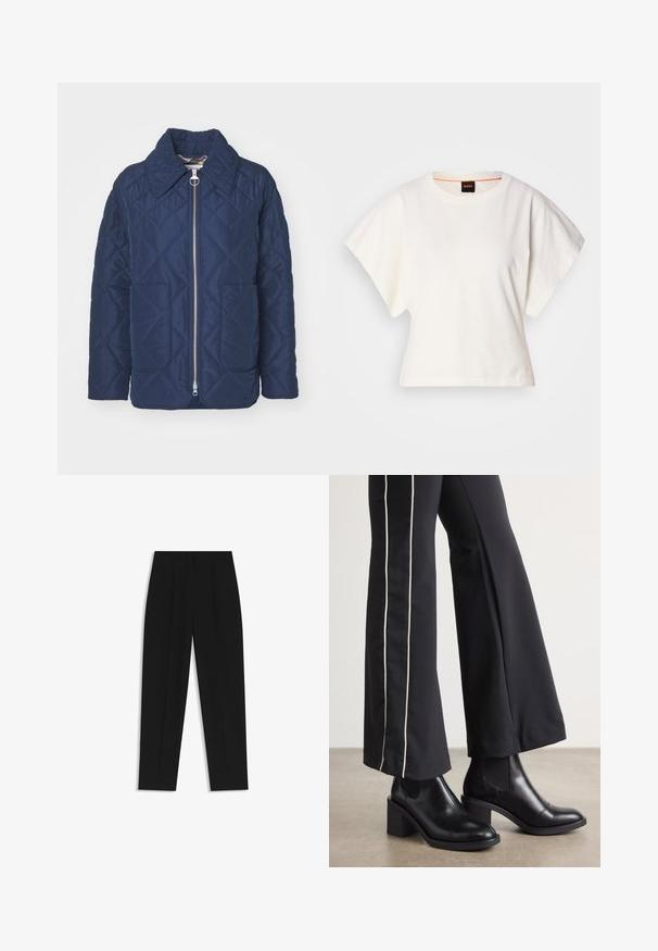 Giacca trapuntata blu navy con ampio colletto, zip frontale e due tasche applicate. Texture liscia con motivo a diamante.; T-shirt bianca cropped, maniche corte e larghe, tessuto di cotone morbido, scollatura rotonda con bordino arancione sottile, design minimale, senza motivi o grafiche.; Pantaloni neri a taglio dritto, con doppie pieghe, una texture liscia e un design classico in vita. Nessun hardware o dettaglio visibile.; Stivaletti in pelle nera con tacco a blocco, dotati di pannelli elastici sui lati. Abbinati a pantaloni neri con una striscia bianca laterale.