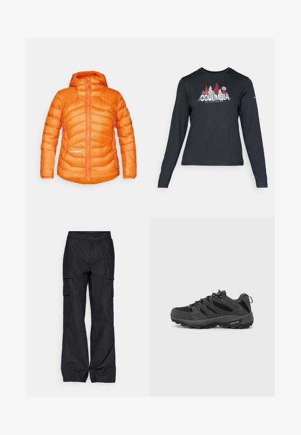 Narančasta izolirana jakna s uzorkom rešetke, zatvaračem sprijeda i kapuljačom. Sadrži bočnu džep i detalj s logotipom na donjem dijelu sprijeda.; Majica dugih rukava tamnosive boje s grafikom crvenih drveća i planina; logo "COLUMBIA" u podebljanom bijelom tekstu. Mekana tkanina, standardni okrugli izrez.; Columbia BREA FALLS™ COTTON RIPSTOP PANT - Hlače za otvoreno - black; Columbia REDMOND - Obuća za pješačenje - black/citron haze