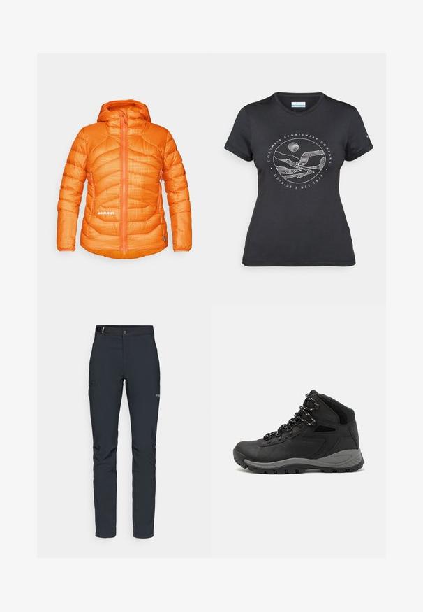 Oranžinė izoliacinė striukė su tinklo raštu, užtrauktuku priekyje ir kapišonu. Su šonine kišene ir logotipo detale apatiniame priekyje.; Juodas "Columbia" marškinėliai su balta apskrita kalnų ir upės linijų grafika bei tekstu "Columbia Sportswear Company Lauke nuo 1938 metų."; Vyrų lauko kelnės, tamsiai pilkos, pagamintos iš elastingos medžiagos, su diržu, užtrauktukais užtraukiamomis kišenėmis ir sustiprinta siūle.; Juodas žygio botas su vidutinio aukščio dizainu, pasižymintis tekstūruota viršutine dalimi, pilkų akcentų ir patvaria guma padanga su sukibimo gumbais.