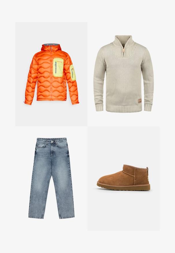 Pufi narancssárga dzseki szürke kapucnival, lime zöld mellzsebbel és karzsebbel. Cipzáras záródások és texturált szigetelés jellemzi.; Beige kötött pulóver félcipzárral, bordás ujjakra és aljára. Az gallérján textúrált minta található, valamint egy kis logófolt.; Világoskék farmernadrág egyenes szárú szabással, látható varrással, öt zsebes kialakítással és gombos derékkal.; Barna suéd bőrcipő, lekerekített orral, diszkrét varrásokkal és texturált gumitalppal. Rövid magasságú, fűző nélkül.
