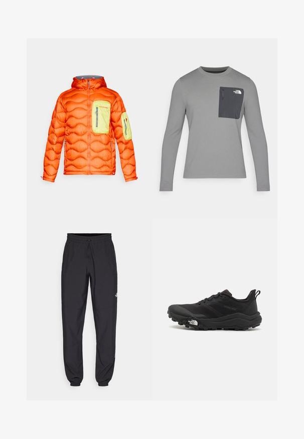Puhast oranž plašč z sivim kapuco, ki ima limetnozelen žep na prsih in žep na rami. Zadrge in teksturirana izolacija.; Siva srajca z dolgimi rokavi z teksturirano tkanino, ki ima temnosivo žep na prsih in zadrgo. Logotip na žepu je bel.; Črne atletske hlače iz lahkega materiala, ki imajo elastični pas z vezalko, stranske žepe in zožene manšete na gležnjih.; Črne tekaške čevlje za trail s teksturirano zgornjega dela, gumijastim podplatom in ojačanim zaključkom prstov. Vključuje oblazinjen ovratnik in zanko za enostavno obuvanje.