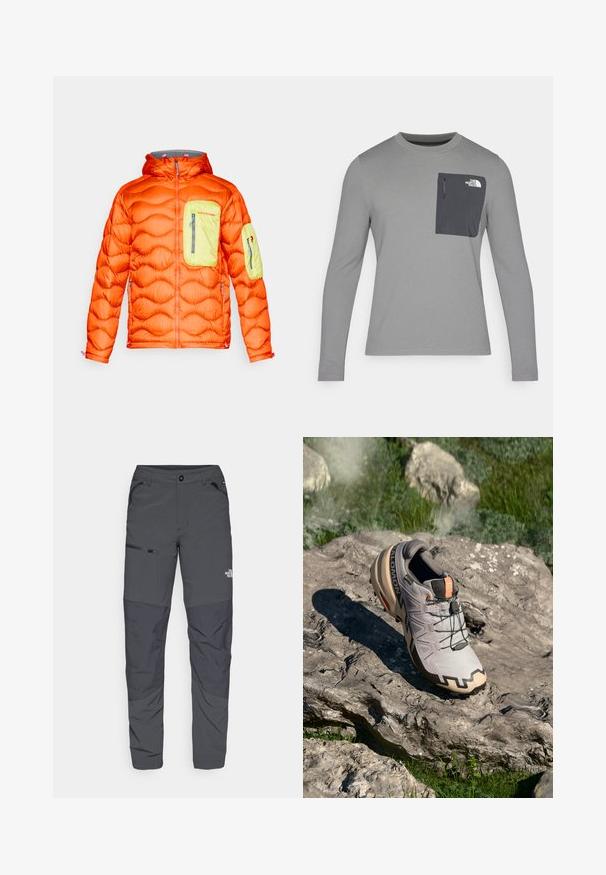 Puffet orange jakke med grå hætte, der har en limegrøn brystlomme og en lomme på armen. Lynlåslukninger og tekstureret isolering.; Langærmet grå skjorte i tekstureret stof, med en mørkegrå brystlomme og lynlås. Logo på lommen i hvid.; Grå udendørsbukser med en glat overflade, der har en lynlåslomme på siden, forstærkede knæsektioner og en subtil logo detalje.; Lys grå trail løbesko med beige accenter, tekstureret overdel, sorte snørebånd og udtalt sålkonstruktion. Har brandets logo.
