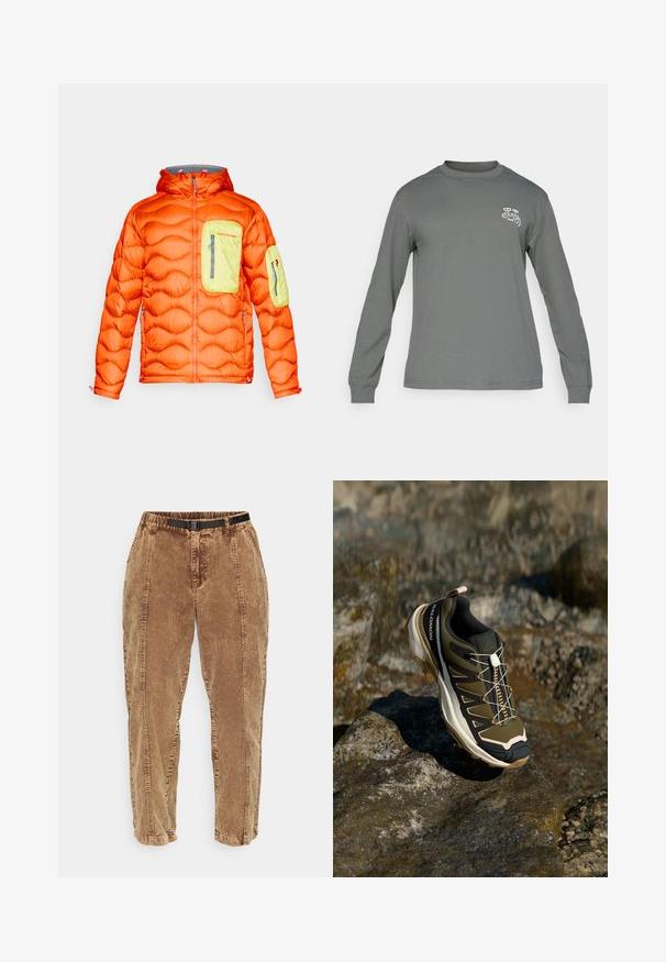 Puffy orange jacket with a gray hood, featuring a lime green chest pocket and an arm pocket. Zippered closures and textured insulation.; Long-sleeve shirt in gray fabric, featuring a crew neck and a white graphic logo on the left chest. Smooth texture and simple design.; Brown corduroy pants with a textured surface, featuring a black adjustable belt, side pockets, and a relaxed fit. Pants taper toward the ankles.; Hiking shoe in olive green and black with pink accents. Features a textured upper, flexible sole, reinforced toe cap, and colorful lacing system.