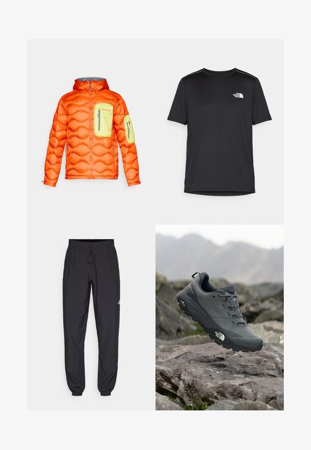 Pūšamo oranžā jaka ar pelēku kapuci, kurai ir kaļķa zaļa krūšu kabata un roku kabata. Ar rāvējslēdzēja aizdari un strukturētu izolāciju.; Melnas īsām piedurknēm T-kreklas, izgatavots no viegla auduma. Uz kreisā krūtīm ir neliels balts logo un smalki plecu akcenti.; Melni sporta bikses, kas izgatavotas no viegla auduma, ar savelcamu jostu, sānu kabatām un sašaurinātiem apakšējiem galiem pie potītēm.; Pelēki skrējēju apavi ar teksturētu virsu, izturīgu gumijas zoli un pastiprinātu pirkstu daļu. Iekļauj šņores un zīmola logo sānos.