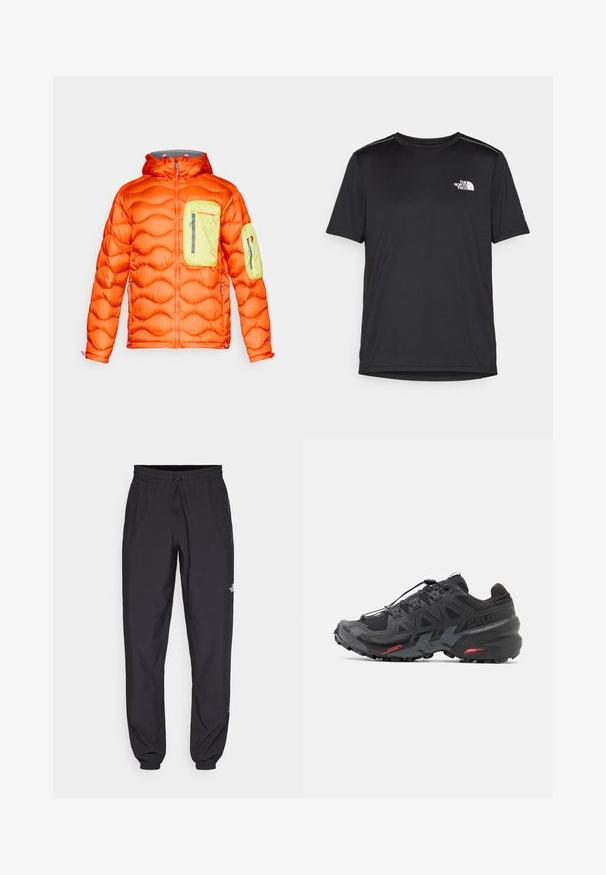 Puffet orange jakke med grå hætte, der har en limegrøn brystlomme og en lomme på armen. Lynlåslukninger og tekstureret isolering.; Sort t-shirt med korte ærmer lavet af letvægtsstof. Har et lille hvidt logo på venstre bryst og diskrete skuldrelementer.; Sorte atletiske bukser lavet af letvægtsstof, med en snor i taljen, sidelommer og tapered manchetter ved anklerne.; Sort løbesko med syntetisk overdel, struktureret design og kontrasterende røde accenter. Udstyret med et sikret snøresystem og en robust ydersål.