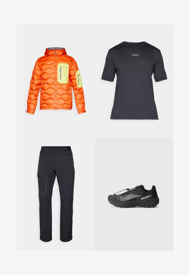 Puffet orange jakke med grå hætte, der har en limegrøn brystlomme og en lomme på armen. Lynlåslukninger og tekstureret isolering.; Sort kortærmet performance t-shirt lavet af åndbart stof, med rund halsudskæring og lille hvid "SALOMON" logo på brystet.; Svarte udendørs bukser med en lynlåslomme på låret, elastisk talje og glat, vandafvisende stof. Rent design uden synlige logoer.; Sort trail løbesko med en tekstureret mesh-overdel, refleksdetaljer, polstret sål og elastisk snøresystem. Logo på siden.