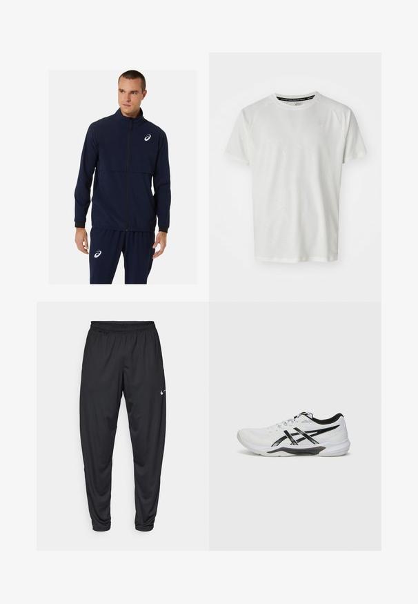 ASICS MEN MATCH JACKET - Træningsjakke - midnight; ASICS GAME - T-shirts basic - cream; Sorte atletiske bukser med elastisk talje, snævre ben og et lille hvidt Nike-logo på venstre lår. Glat stof, ingen mønstre.; Hvide atletiske sko med en mesh-overdel, sorte accenter, tekstureret sål og et buet design for støtte og komfort.