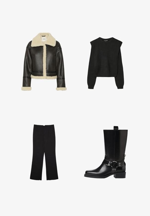 Svart konstläderjacka med en krämfärgad fårskinnskrage och manschetter. Har en kort design med framknäppning och synliga sömmar.; Svart långärmad stickad tröja med vadderade axlar och ribbade muddar och fåll, visad mot en vit bakgrund.; Svarta byxor med rak passform, utrustade med framfickor och sidoklyvningar vid fållen. Tillverkade av mjukt, slätt tyg. Lämpliga för olika tillfällen.; Svart läderknähöga stövlar med spetsig tå, silverfärgade spännen och klumpig klack. Har en dragflik för enkel påtagning.