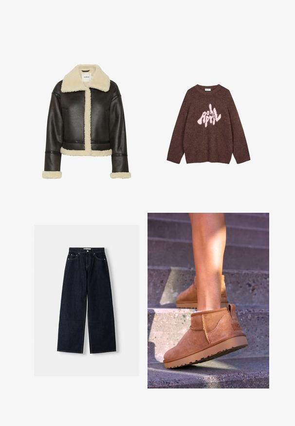 Giacca in ecopelle nera con colletto e polsini in shearling crema. Presenta un design corto con chiusura frontale e cuciture visibili.; Felpa marrone pelosa con maniche lunghe e collo rotondo, che presenta un testo grafico rosa "APRILE" in un carattere giocoso e irregolare sul petto.; Jeans a gamba larga in denim blu scuro con vita alta, cinque tasche, cuciture a contrasto e hardware in metallo argentato. Texture liscia e finitura pulita.; Stivali alla caviglia in suede beige con una consistenza morbida, dettagli cuciti e suola in gomma, dotati di un tacco ad anello per una facile vestibilità.