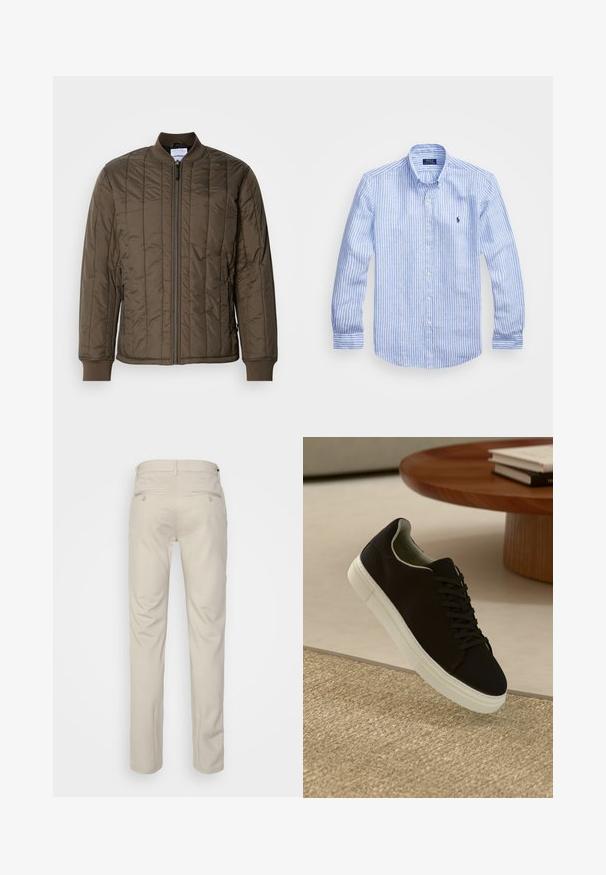 Quiltet bomberjakke i mørk olivengrønn, med glidelås foran, ribbestrikkede mansjetter og to sidelommer. Glatt, lett materiale.; Blå og hvit stripete langermet skjorte laget av bomull, med knappekrage, frontknapper og en liten brodert logo på brystet.; Beige bukser med en glat tekstur, lige snit, to baglommer med knapper og en standard talje.; Svart sneakers med hvit såle som svever over en beige teksturert teppe nær et rundt trebord med stablede bøker.