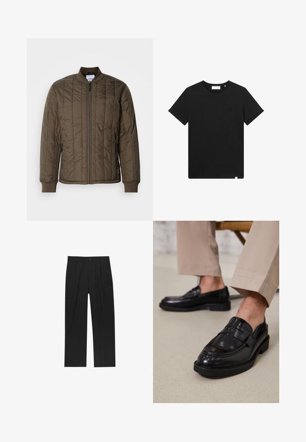 Převalovaná bomber bunda v tmavě olivové barvě, s předním zipem, žebrovanými manžetami a dvěma bočními kapsami. Hladký, lehký materiál.; Černé tričko s krátkým rukávem vyrobené z bavlny, s kulatým výstřihem a malým vyšitým logem na hrudi. Hladká textura, standardní střih.; Černé kalhoty s rovnými nohavicemi, vyrobené z hladké tkaniny. Mají přední záhyby a jedno knoflíkové zapínání v pase.; Černé kožené loafers s hladkým povrchem, zdobené páskem a kontrastním prošíváním, spárované s béžovými kalhotami.
