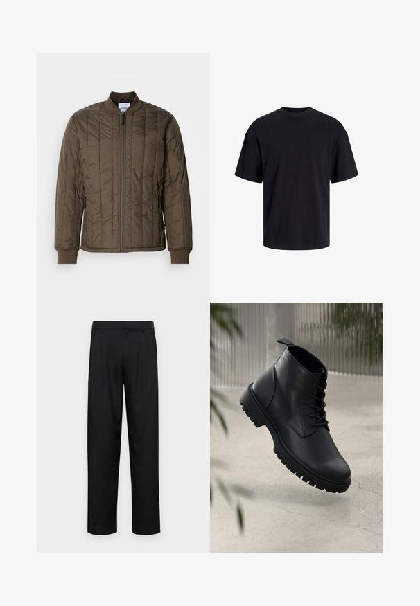 Quiltad bomberjacka i mörk olivgrön, med dragkedja fram, ribbade ärmslut och två sidofickor. Slitstarkt, lätt material.; Svart bomullströja med rundad halsringning, korta ärmar och avslappnad passform. Slät textur utan synliga mönster eller detaljer.; Svarta byxor i slät väv, med rak ben-design, två framfickor och standardmidja med bälteshällor.; Svarta läderankelboots med rund tå, snörningsdesign och robust gummisula. Slät yta med dragflik bak.