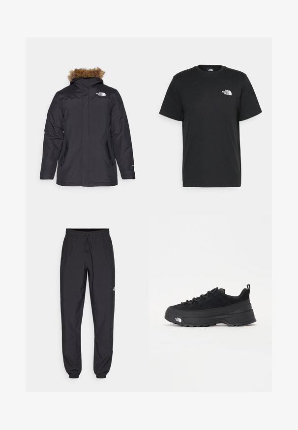 Schwarze Winterparka-Jacke mit einer mit Fell gefütterten Kapuze, seitlichen Reißverschlusstaschen und einem Logo auf der Brust, ausgestattet mit einer glatten Außenfläche.; Schwarzes Baumwoll-T-Shirt mit kurzen Ärmeln, Rundhalsausschnitt und einem kleinen weißen Logo auf der linken Brust. Schlichtes Design, glatte Textur und lockere Passform.; Schwarze Sporthosen aus leichtem Stoff, mit einem Kordelzugbund, seitlichen Taschen und schmal zulaufenden Bündchen an den Knöcheln.; Schwarzer Outdoorsneaker mit einem Obermaterial aus Wildleder, strukturierter Gummisohle und robustem Schnürsystem. Verfügt über eine verstärkte Ferse und das Markenlogo an der Seite.