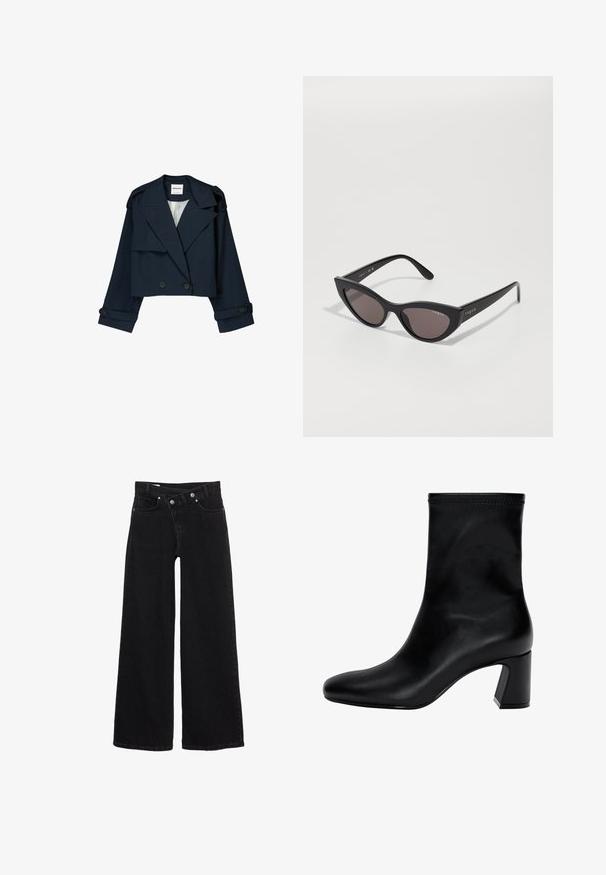 Marinefarbene, kurz geschnittene Jacke mit doppelter Knopfleiste, großen Revers und Knopf-Akzenten. Sie hat eine glatte Textur und lange Ärmel mit Manschetten.; Schwarzer langärmeliger Strickpullover mit Rundhalsausschnitt, gerippten Bündchen und Saum sowie verkürzter Länge.; Schwarze hochtaillierte weit geschnittene Jeans mit Fronttaschen, Gürtelschlaufen und doppelt geknöpftem Verschluss.; Schwarzer Knöchelstiefel aus glattem Leder. Mit quadrater Zehenpartie, elastischem Schaft und einem stabilen Blockabsatz. Minimalistisches Design.; Cat-Eye-Sonnenbrille mit mattem schwarzen Rahmen und dunklen Gläsern, mit "Vogue"-Branding an der Seite und einer markanten, eckigen Form.; Even&Odd Handtasche - black