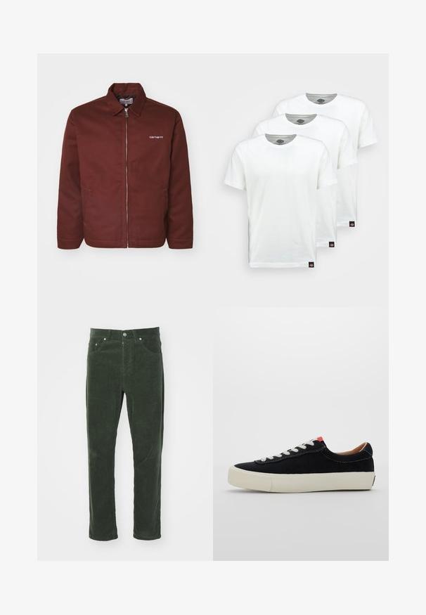 Burgundyröd jacka i kraftig tyg med dragkedja, spetsig krage, framfickor och subtil logotypdetalj på vänster bröst.; Tre enkla vita bomull t-shirts med kort ärm. Varje tröja har en rund halsringning och en liten svart logotag på vänster sida.; Gröna kordflorsbyxor med rak bendesign, som har fem fickor, metallknäppning och strukturerad ribbad yta.; Svart tygsneaker med vita snörning, beige gummisula och röd detalj vid hälen. Rundad tå och minimal sömnadsdetalj.