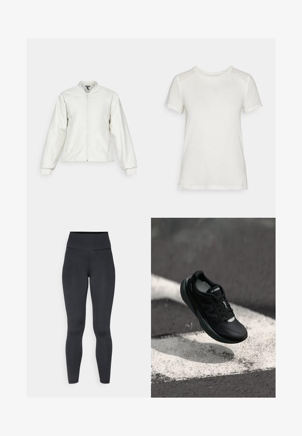 Giacca bomber bianca con chiusura a zip frontale, polsini a costine e un design semplice. Texture liscia con una leggera lucentezza, senza motivi o accenti visibili.; T-shirt bianco a maniche corte realizzato in tessuto morbido, con un collo rotondo e una vestibilità comoda, caratterizzato da spalle lisce e senza cuciture.; Leggings neri a vita alta realizzati in materiale elastico, con una texture liscia e un design aderente, caratterizzati da dettagli di cucitura minimi.; Scarpa da corsa nera con una tomaia testurizzata, design elegante e dettagli riflettenti. Presenta una suola morbida e ammortizzata per il comfort.