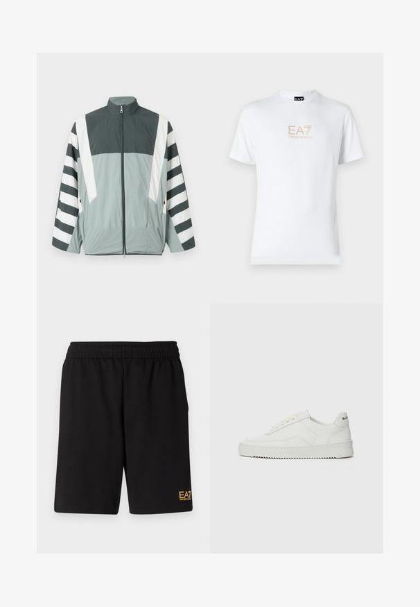 Lahka zip jakna ima sivo-belo barvno kombinacijo z odločenimi črtami na rokavih. Narejena je iz gladkega, trpežnega materiala.; Bela bombažna majica s krožnim izrezom in kratkimi rokavi, s pozlačenim logotipom EA7 Emporio Armani natisnjenim spredaj.; Črne športne kratke hlače iz mehkega blaga, z elastičnim pasom in majhnim rumenim logotipom EA7 na spodnjem levem delu noge.; Bela usnjena športna obutev z gladko površino, okroglo prst, ravne vezalke in teksturiran podplat. Ima diskretno logo na peti.