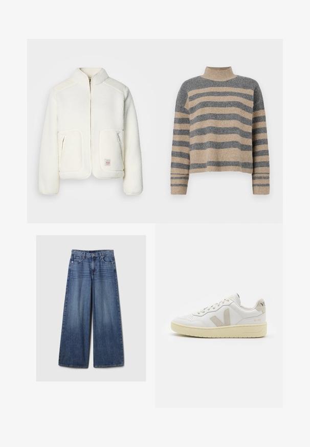 Jachetă albă din fleece, cu guler structurat, fermoar frontal și două buzunare frontale. Prezintă o textură moale și panouri contrastante pe umeri.; Pulover tricotat cu dungi, în culori gri și bej, guler înalt, mâneci late cu manșete și o croială lejeră cu un design scurt.; Blugi din denim albastru cu picioare largi, având un finisaj uzat, cu închidere prin buton și fermoar, cinci buzunare și curea.; Pantofii sport din piele albă cu accente din suede bej, cutie pentru degete perforată, șireturi plate și o talpă texturată de crem. Prezintă branding subtil pe călcâi.