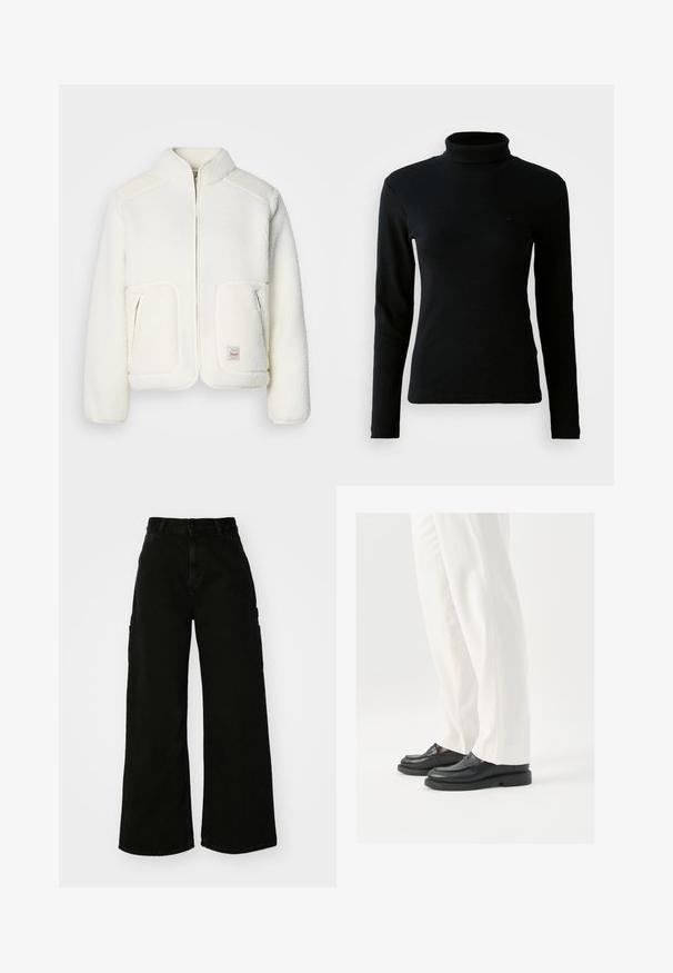 Valge fliisjakker, millel on struktureeritud krae, lukuga ees ja kaks esikotti. Omab pehmet tekstuuri ja kontrastseid õlapaneele.; Must mustriba pikkade varrukatega kõrge kaelusega kampsun, mis on tihedalt lõigatud, valge tausta ees.; Must musta laiad jõhkrad püksid, mis on valmistatud denimist, kõrge vöökoha, esise nupu sulgemise ja küljetaskutega. Sile tekstuur minimaalse õmblusega.; Mustad musta nahast loafers, millel on sile tekstuur, õmblustäiendused ja ümar nina, koos valgete kohandatud pükstega.
