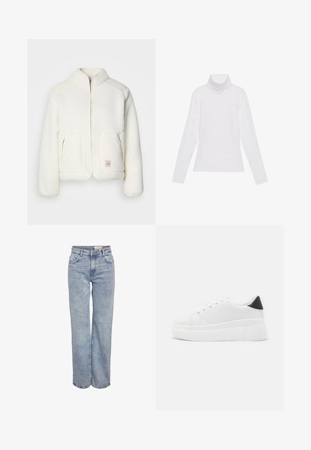 Jachetă albă din fleece, cu guler structurat, fermoar frontal și două buzunare frontale. Prezintă o textură moale și panouri contrastante pe umeri.; Tricou alb cu mâneci lungi și guler înalt, realizat dintr-un material neted și elastic. Dispune de un design ajustat, fără modele vizibile sau embellishments.; Jeans din denim, de un albastru deschis, cu croială largă, talie înaltă, design cu cinci buzunare și o ușoară decolorare pentru un aspect purtat.; Adidași albi cu platformă, fabricați din material sintetic neted, cu vârf rotund, design cu șireturi și talpă din cauciuc texturat. Accente negre la călcâi.
