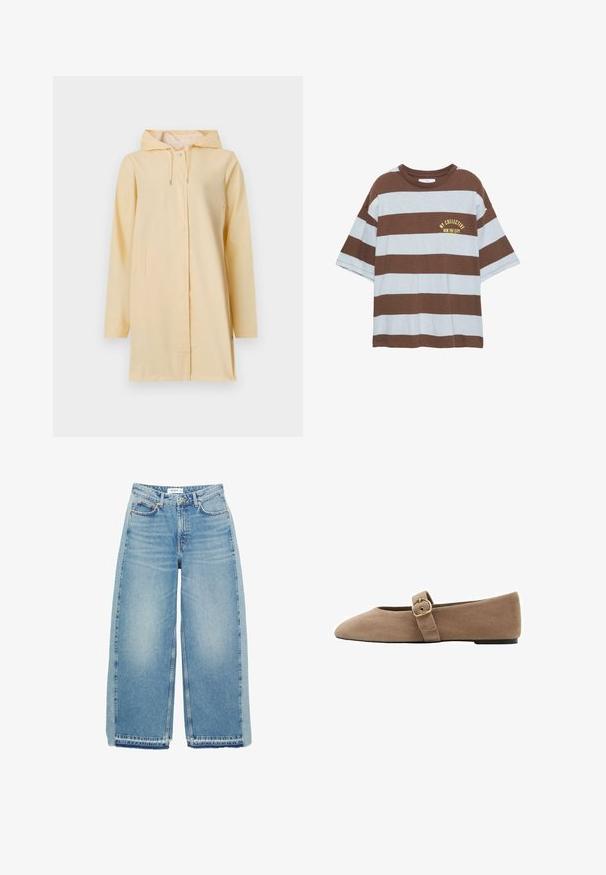 Keltainen vedenpitävä sadetakki hupulla, edessä vetoketju ja napitus; sisältää kaksi sivutaskua ja rento leikkaus. Sileä pinta.; T-paita lyhyillä hihoilla, ruskeavalkoisilla raidoilla ja pyöreällä kaula-aukkolla, jossa rinnassa keltainen printti "NY COLLECTIVE RUN THE CITY".; Vaaleansiniset leveälahkeiset farkut, joissa on korkea vyötärö, napitus, etutaskut ja raaka helma.; Beige mokkasiinimainen tasapohjainen kenkä, jossa on terävä kärki ja säädettävä hihna, jossa on metallinen solki sivulla kiinnitystä varten.