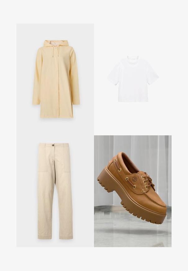 Yellow waterproof raincoat with a hood, front zipper, and button closure; features two side pockets and a relaxed fit. Smooth texture.; White cotton short-sleeve t-shirt with a round neckline. Simple design, loose fit, smooth texture. No patterns or accents visible.; Beige cotton trousers with a straight cut, featuring front pockets, a button closure, and cuffed hems. Smooth texture and minimal design.; Tan leather platform shoes with chunky, ridged soles, gold eyelets, and a simple, stitched design. Features a small logo on the side.