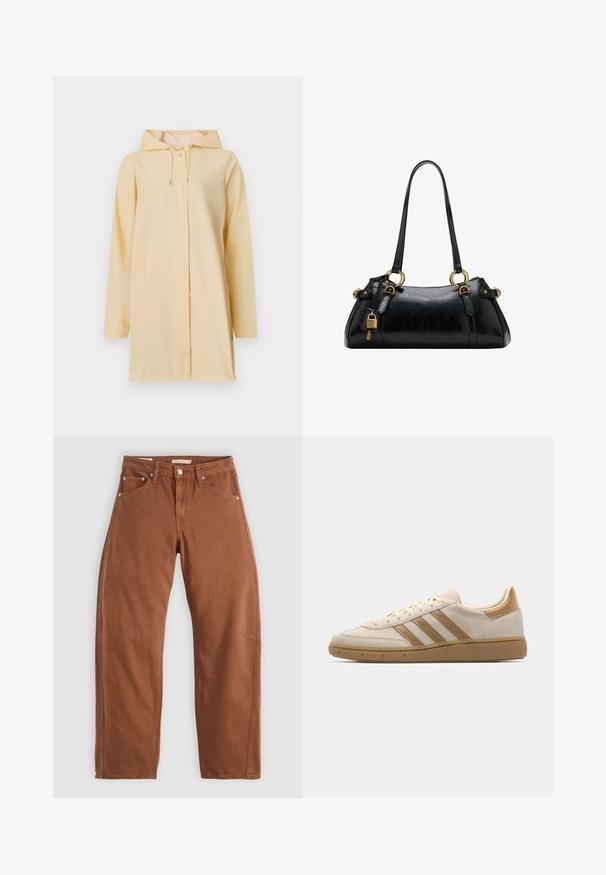 Yellow waterproof raincoat with a hood, front zipper, and button closure; features two side pockets and a relaxed fit. Smooth texture.; White tank top made of soft cotton, featuring a scoop neckline and thin straps. Simple, unadorned design with a straight hem.; Rust brown straight-leg jeans with front and back pockets, metal rivets, button closure, and belt loops, laid flat on a white background.; Beige suede sneaker with light brown accents. Features three brown stripes, textured rubber sole, and a rounded toe design.; Black leather handbag with a smooth texture, rounded shape, gold hardware accents, and dual handles. Features a decorative lock on the side.