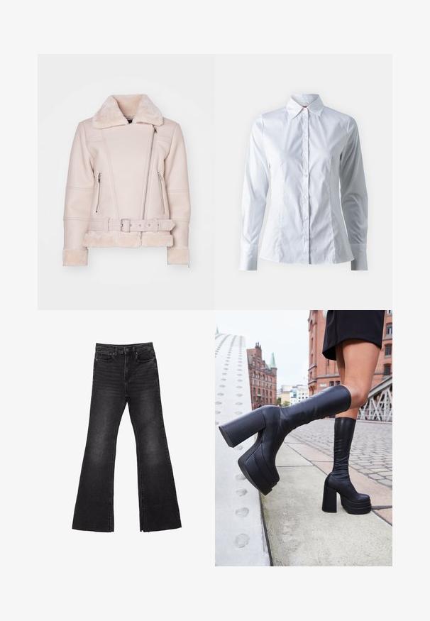 ONLY ONLAGNETE - Jakna od umjetne kože - pumice stone; Bijela košulja s dugim rukavima, s oštrom kragnom, prilagođenog kroja, od glatkog pamučnog materijala, s prednjim zatvaranjem na gumbe.; Crne traperice s raširenim nogavicama i sirovim rubom, s dizajnom od pet džepova i zatvaranjem na gumb. Izrađene su od čvrste, teksturirane tkanine.; Crne čizme do koljena na platformu od glatke kože, s debelim kvadratnim potpeticama i modernim dizajnom, postavljene u gradskoj pozadini.