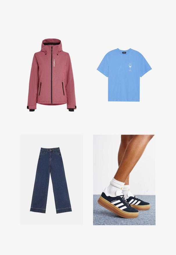 Veste rouge texturée avec capuche, fermeture éclair sur le devant, accents noirs et deux poches zippées. Présente le logo de la marque sur la poitrine.; T-shirt en coton bleu clair avec un col rond. Présente un graphique blanc d'un palmier et un texte sur la zone supérieure gauche de la poitrine. Manches courtes.; Jeans à jambes larges en denim bleu foncé. Comprend cinq poches, des passants de ceinture et un ourlet brut en bas avec des détails de couture visibles.; Baskets en daim noir avec des rayures et des accents blancs, bout arrondi, semelle extérieure en caoutchouc gomme, associées à des chaussettes blanches côtelées mi-mollet.