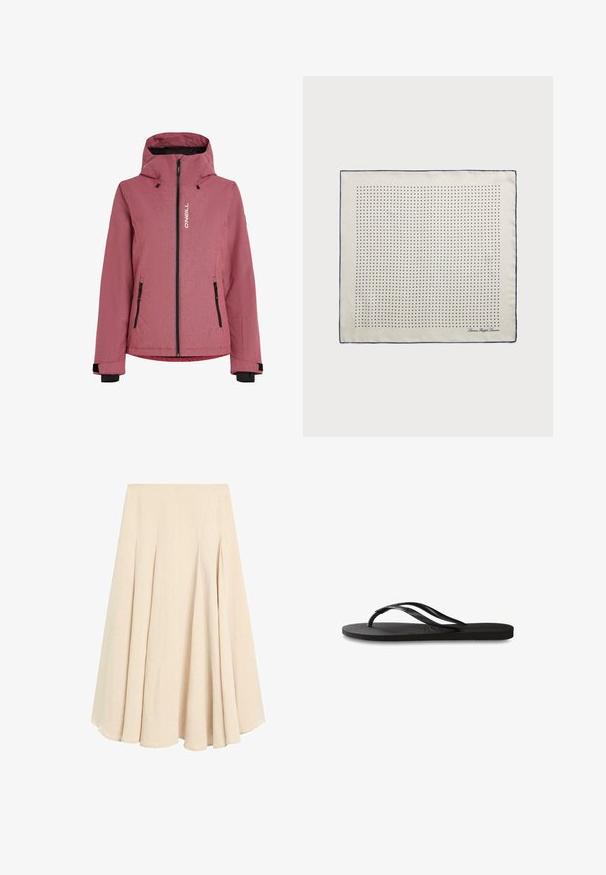 Rode gestructureerde jas met capuchon, ritssluiting aan de voorkant, zwarte accenten en twee ritszakken. Bevat merksymbool op de borst.; Grijze oversized t-shirt van katoen, met een ronde hals, korte mouwen en een blauwe opdruk met de tekst "BALL THE JEANS".; Beige midi-lange A-lijn rok met plooien, gemaakt van lichtgewicht stof, met een soepele tailleband en een uitlopende zoom.; Zwarte flip-flop met een gestructureerde rubberen zool, twee slanke banden en een subtiele, ingedrukte logo-detail op de band.; Zijden sjaal in crème met een marineblauwe rand, voorzien van gelijkmatig verdeeld marineblauwe stippen die een patroon vormen. Handtekening gedrukt in de hoek.