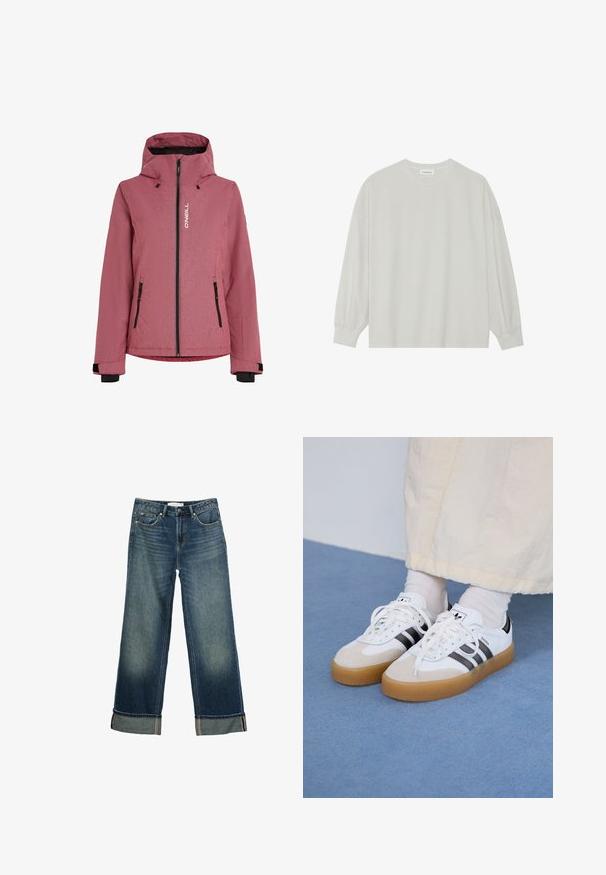 Rdeča teksturirana jakna s kapuco, spredaj z zadrgo, črnimi akcenti in dvema žepoma z zadrgo. Na prsih je logotip blagovne znamke.; Svetlo siva majica s dugim rukavima izrađena od mekog pamuka. Ima slobodan kroj, okrugli izrez i blago nabrane manžetne. Bez uzoraka ili grafike.; Široke modre džins hlače z zamanšanim videzom, petim žepom in prepogibom na robovih z kontrastnim šivanjem. Gladka tekstura.; Bele tene škornje s črnimi črtami in bež usnjenimi detajli. Imajo teksturirano gumijasto podplat in ravne bele vezalke, nosijo se z svetlimi nogavicami.